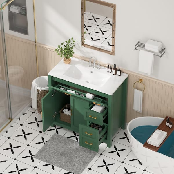 36 in. Single Sink Freestanding Green Bath Vanity with White Ceramic Top Unassembled