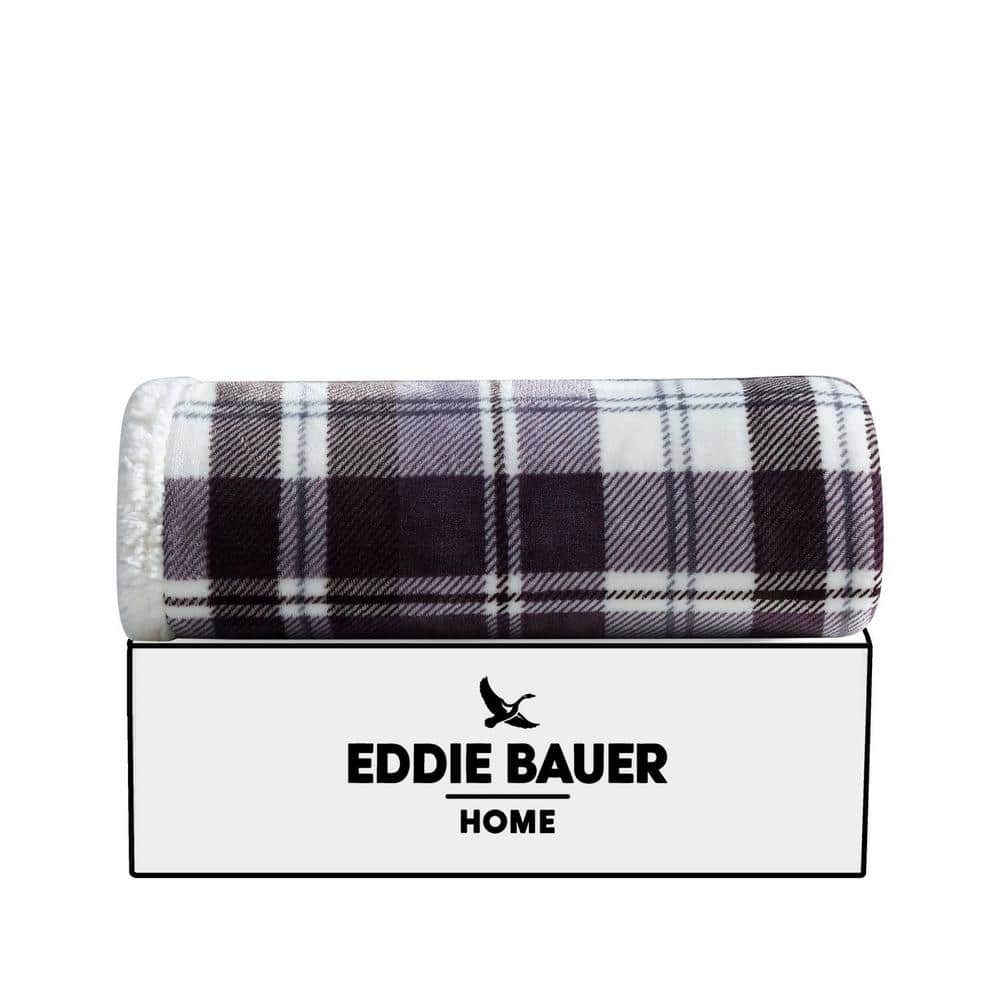 Eddie Bauer Trailhead Plaid Plum Grey/Brown/Light Grey Ultra Soft Plush Fleece Reversible 50 x 60 Throw Blanket