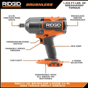 18V Brushless Cordless 3/4 in. High Torque Impact Wrench (Tool Only)