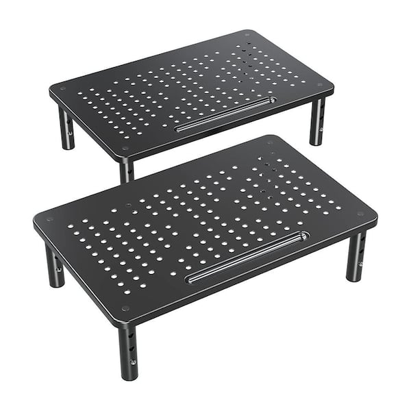 2-Pack Monitor Stand Riser with Adjustable Height, Sturdy Mesh Metal Laptop and PC Stand for Desk Organization in Black