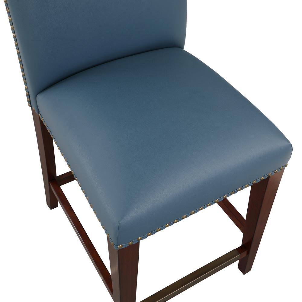 Blue Faux Leather and Wood Counter Stool with Nailhead Trim