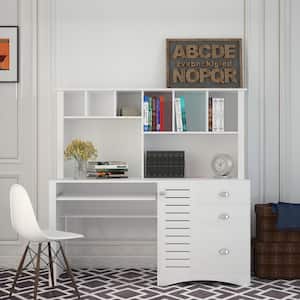 59.06 in. Width Standing Wooden Home Office Computer Desk with 3-Drawers and 6-Shelves in White