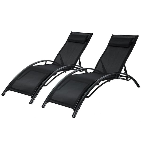 JUSKYS Black 2-Piece Aluminum Outdoor Chaise Lounge Chair Recliner with 5-Level Adjustable Backrest and Black Pillow