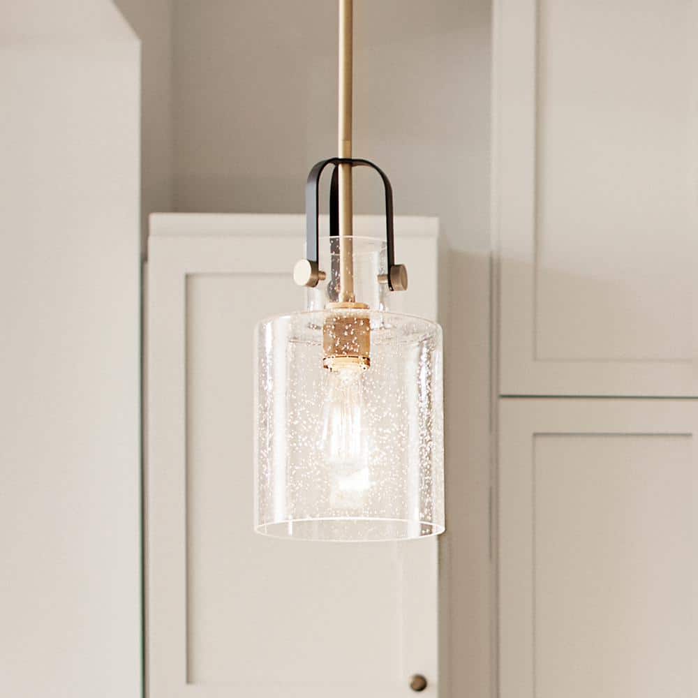 Kitner Vintage Industrial 1-Light Pendant in Natural Brass with Clear Seeded Glass