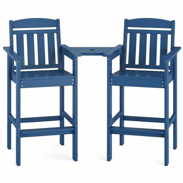 Blue HDPE Tall Plastic Adirondack Chairs with Connecting Tray for Balcony, Poolside, Backyard (2-Pack)