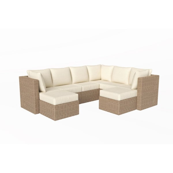 Crystal Ridge Wicker 8-Piece Outdoor Sectional Sofa Set Large with Beige White Cushion