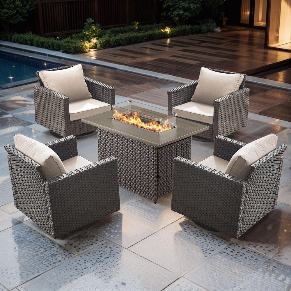 Bellefurn UvaNest 5-Piece Brown Wicker Patio Fire Pit Conversation