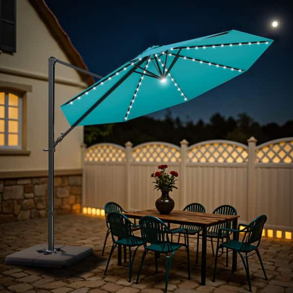 10 ft. x 10 ft. Market Cantilever Solar LED Patio Umbrella with 360° Rotation in Blue
