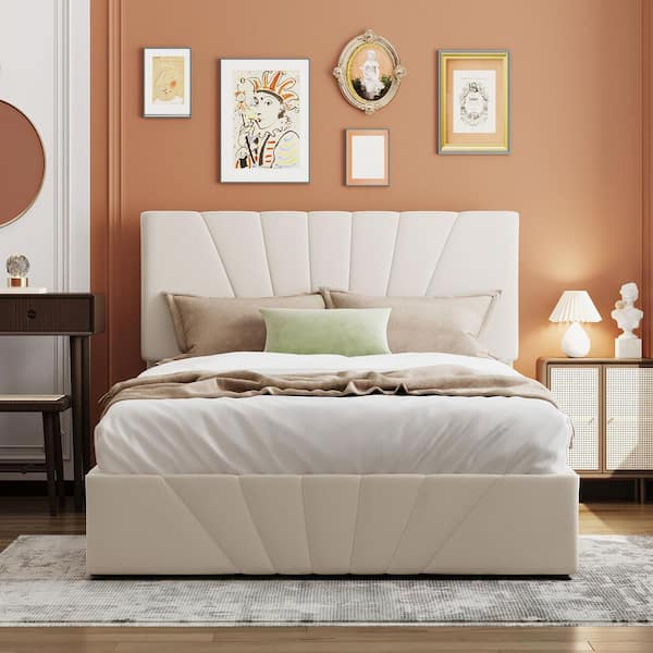 Beige 58 in. W Full Size Linen Upholstered Platform Bed with Gas Lift Up Storage, Wooden Platform Bed Frame with Slats