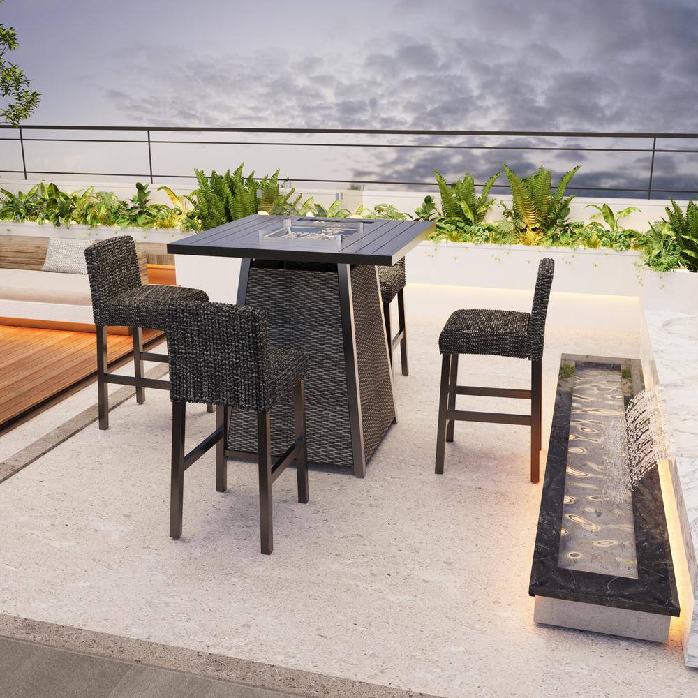 5 Piece Black Wicker Patio Conversation Set with Square Fire Pit Table