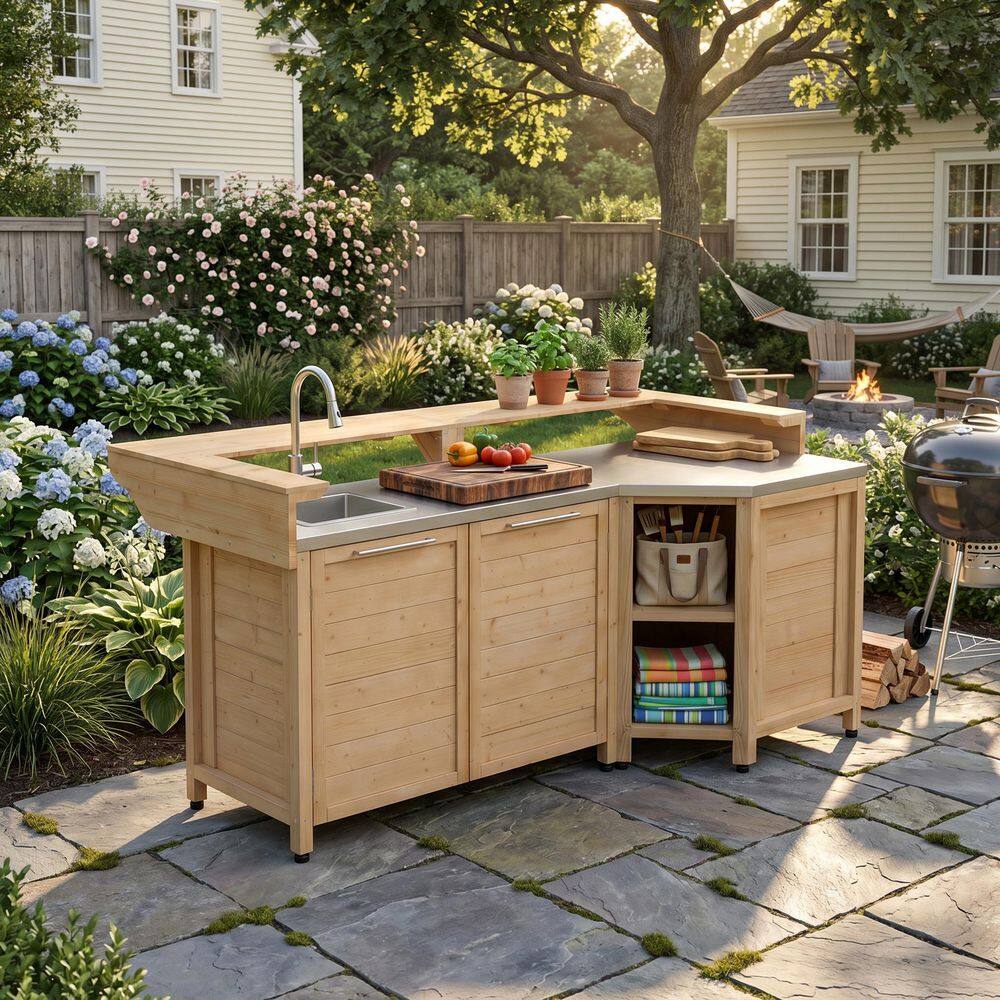 Cedar Wood Burner Propane Tank Grill Island in Brown 3-Piece Stainless Steel Top Sink Bar Modular Outdoor Kitchen price history on PriceWatchPro