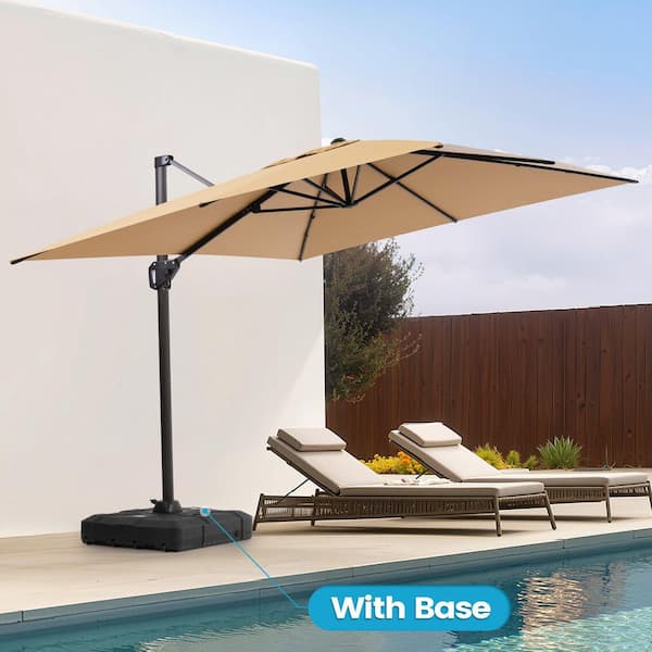 Crestlive Products 11 ft. x 9 ft. Polyester 360° Rotation Cantilever Tilt Patio Umbrella in Tan with 260 lbs. HDPE Base