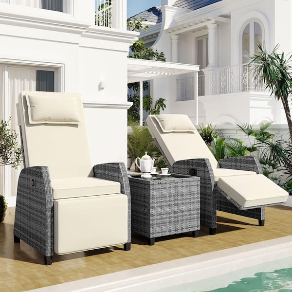 Unbranded 3-Piece Wicker Patio Conversation Set Adjustable Chair Combination with Coffee Table and Beige Cushions
