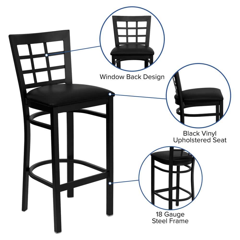 Elegant Black Vinyl and Metal Window Back Bar Stool
