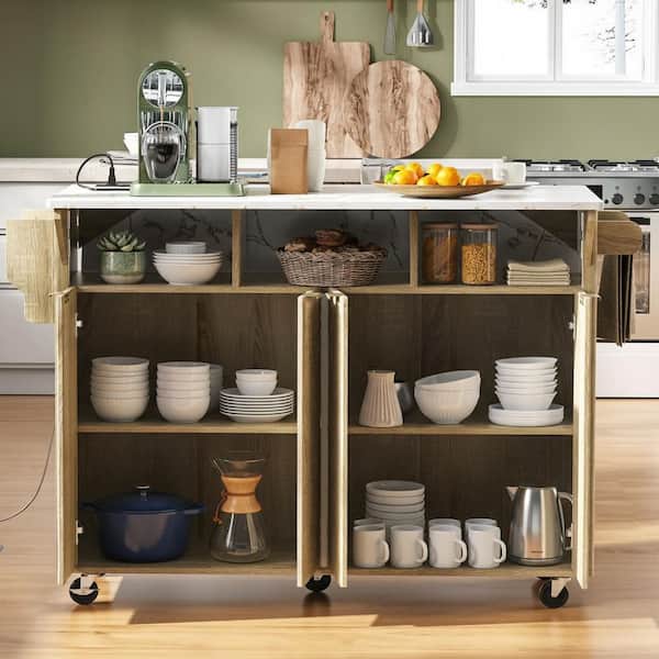 Farmhouse Natural Wood 55.5 in. Power Outlet Double-Sided Drop Leaf Curved Edge Kitchen Island Carts with Wood-Grain Top