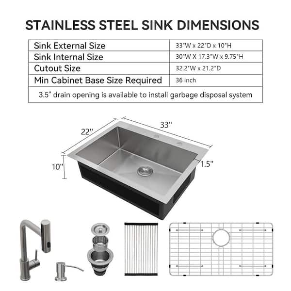 Logmey 33 in. Drop-In Single Bowl 16 Gauge Stainless Steel Kitchen