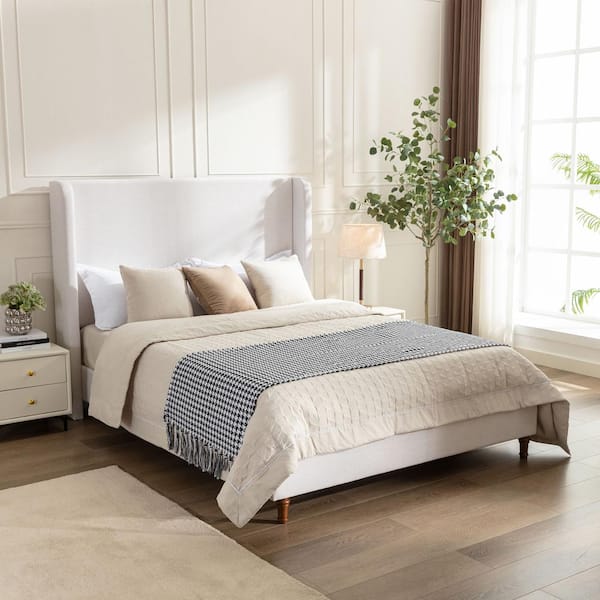 Harper Modern Textured Beige Chenille Upholstered Metal Frame Queen Platform Bed with Wingback Tall Headboard