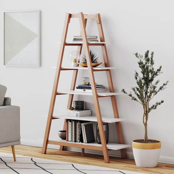 Nathan James Carlie White and Brown 5-Shelf Ladder Bookcase