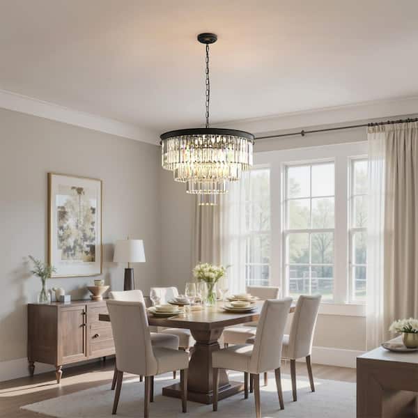 YANSUN 12-Light 4-Tier Black Crystal Chandelier, 24 in. Modern