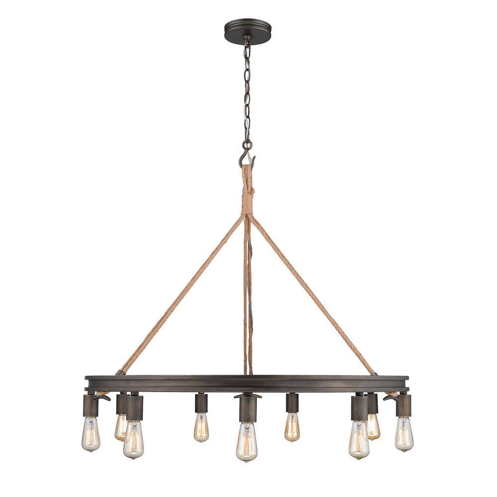 Rustic Gunmetal Bronze 9-Light Chandelier with Nautical Rope