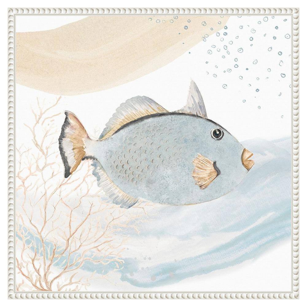 Ocean Oasis Waves Blue Fish Canvas Wall Art with White Frame