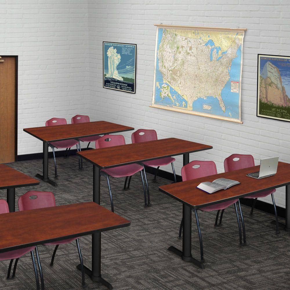 Cain 48 in. x 24 in. Cherry T-Base Training Seminar Table Desk and 2 M Stack Chairs-Burgundy
