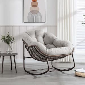 Hand-Woven Wicker Outdoor Rocking Chair with Padded Cushion in Beige