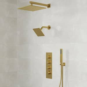 7-Spray Patterns 12 in. Wall Mount Dual Shower Heads with 6-Jet in Brushed Gold (Valve Included)