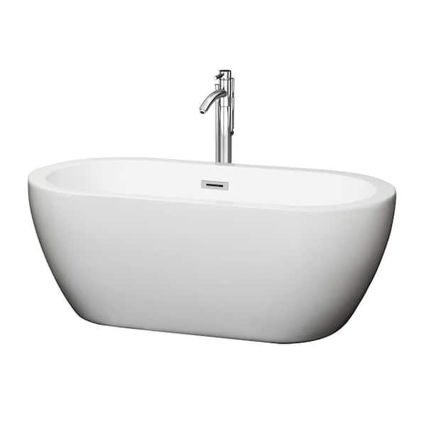 Wyndham Collection Soho 59.75 in. Acrylic Flatbottom Center Drain Soaking Tub in White with Floor Mounted Faucet in Chrome