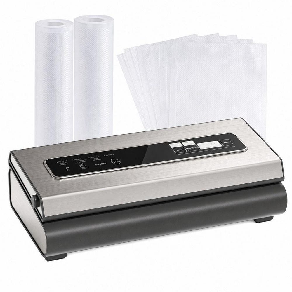 6-in-1 Silver Food Vacuum Sealer with Cutter, 2 Bag Rolls and 5 Pre-cut Bags, Widened 12 mm Sealing Strip