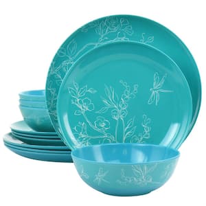 Martha Stewart 12 Piece Leafy FLoral Melamine Dinnerware Set in Turquoise Service for 4