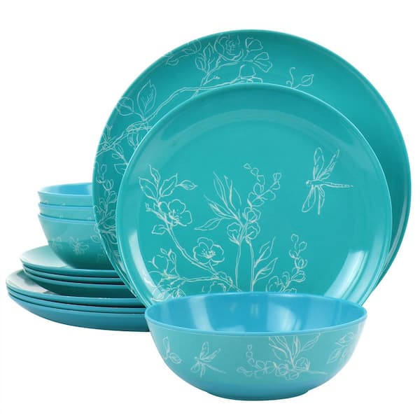 MARTHA STEWART Martha Stewart 12 Piece Leafy FLoral Melamine Dinnerware Set in Turquoise Service for 4
