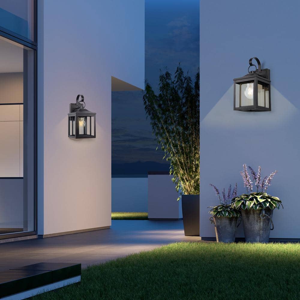 Black Aluminum Outdoor Lantern Sconce with Glass Shade