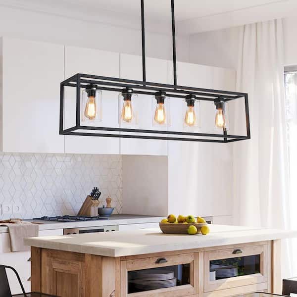 5 -Light Black Unique Statement Square Rectangle Chandelier With Glass Shade