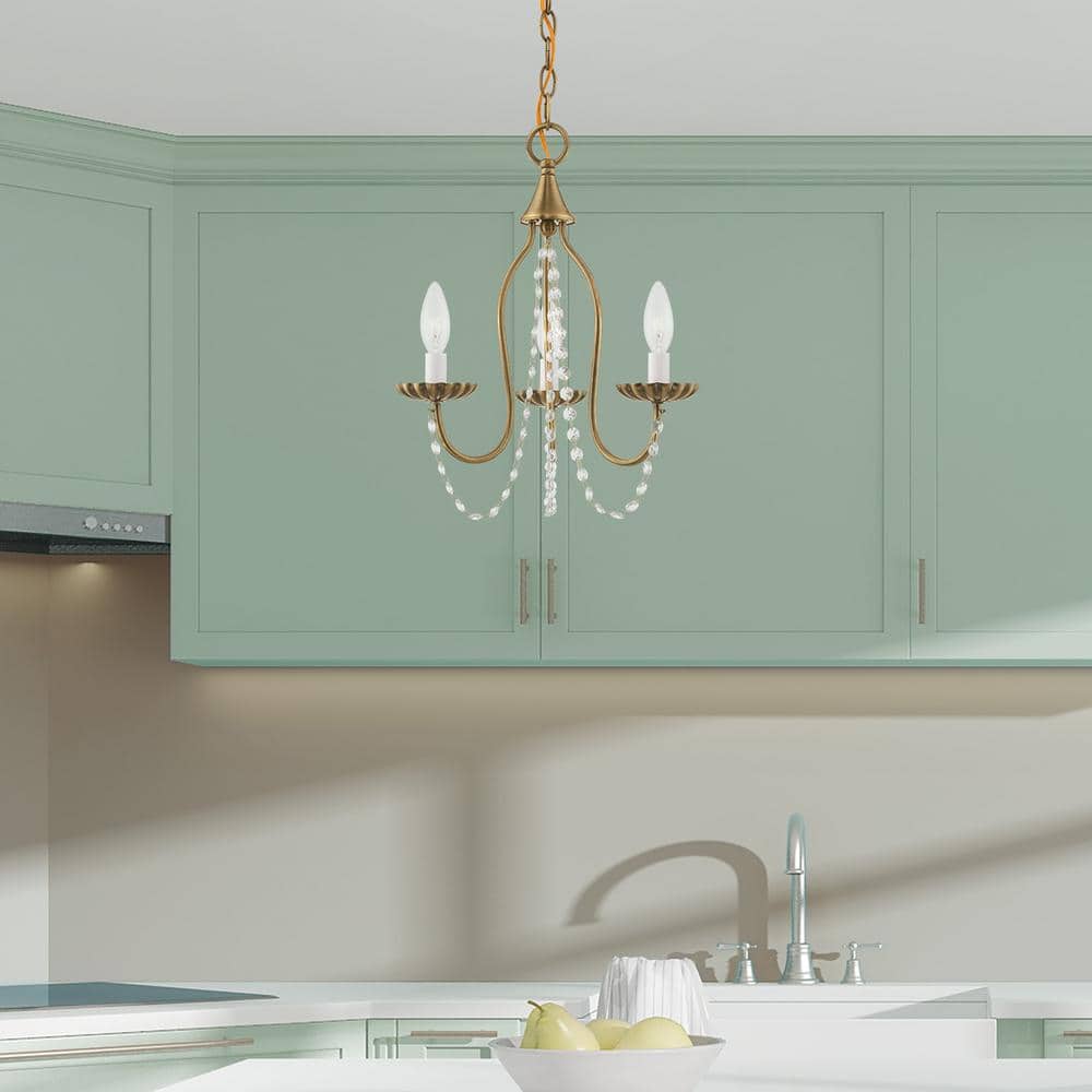 Antique Brass Mini Chandelier with Clear Crystal Trim