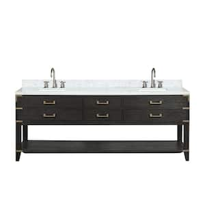 Irvington 84 in W x 22 in D Black Oak Double Bath Vanity, Carrara Marble Top, and Faucet Set