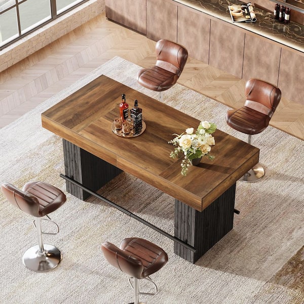 Brown 35.43 in. Rectangle Wood Height Pub Bar Table Seats 4, Industrial Counter Bistro Table with Metal Footrest Home