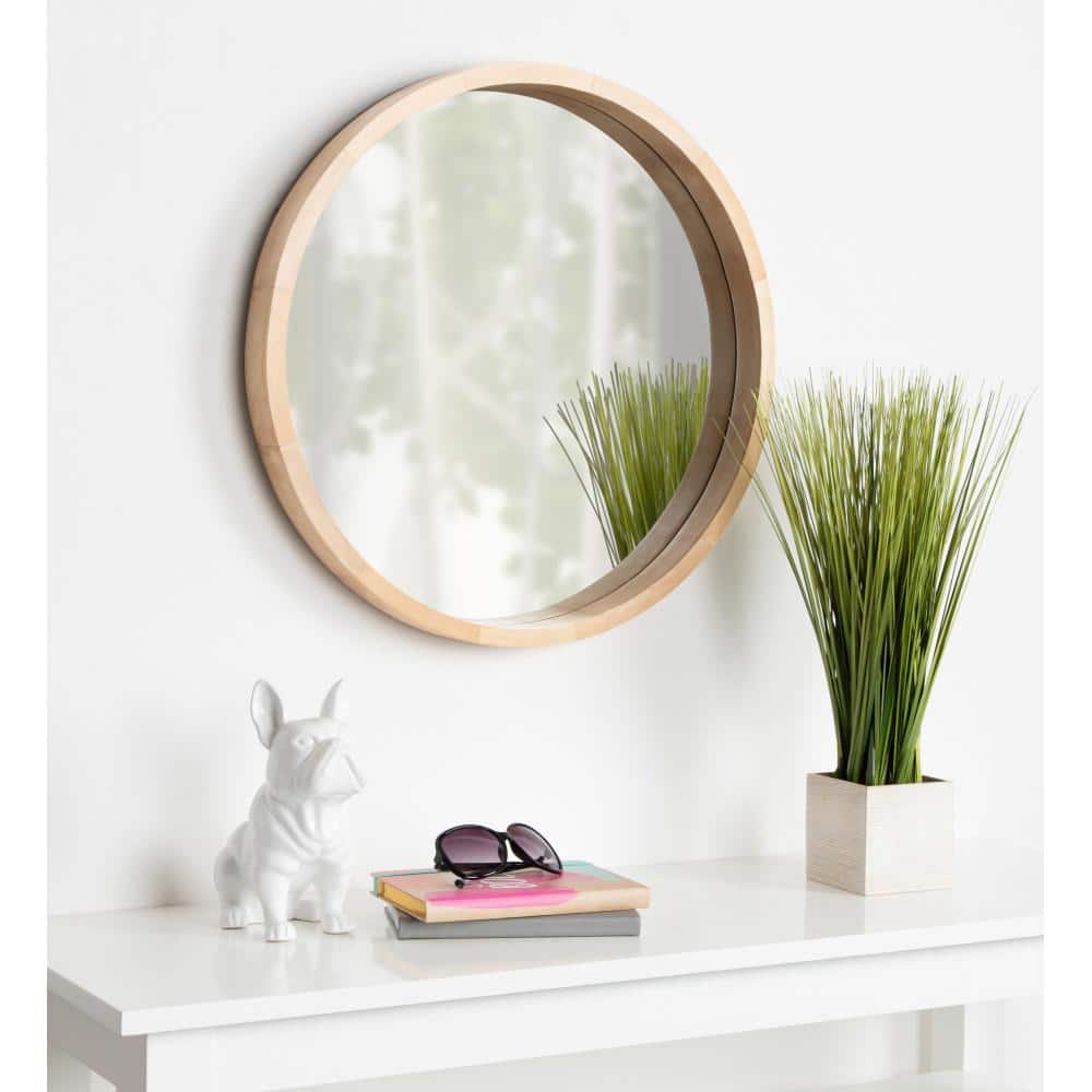 Natural Finish Round Wood Frame Wall Mirror, 22 Inch