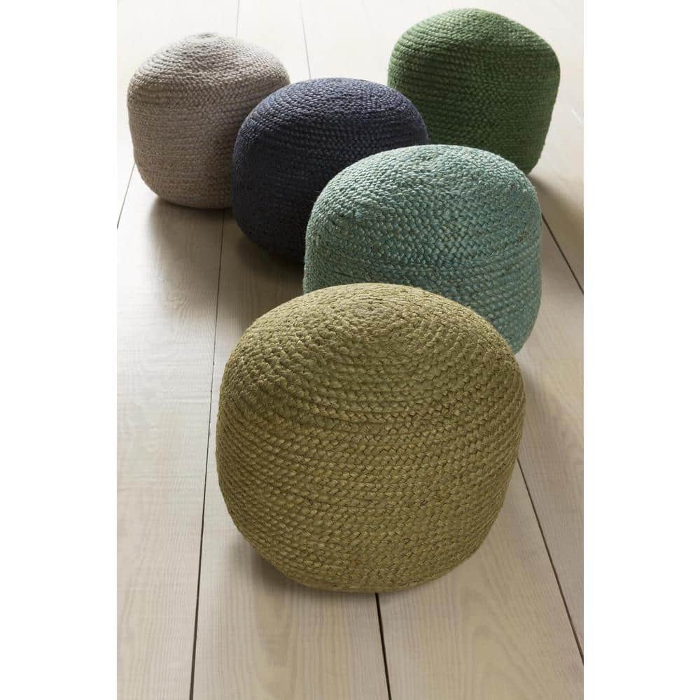 Aqua Round Jute Upholstered Pouf with Polystyrene Beans