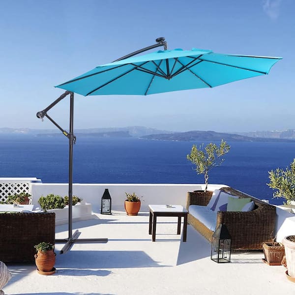 AUTMOON 9.5 ft. Solar LED Patio Outdoor Umbrella Hanging Cantilever Umbrella Offset Umbrella in Sky Blue with 32 LED Lights