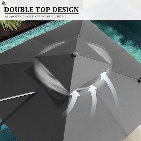 11 ft. x 11 ft. Double Top Aluminum 360° Rotation Patio Offset Cantilever Umbrella in Gray with 350 lbs. Wheeled Base