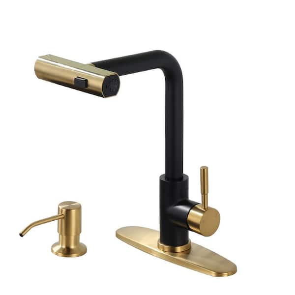 3-Mode Single Handle Waterfall Pull Down Sprayer Kitchen Faucet with soap dispenser in Stainless Steel Black and Gold