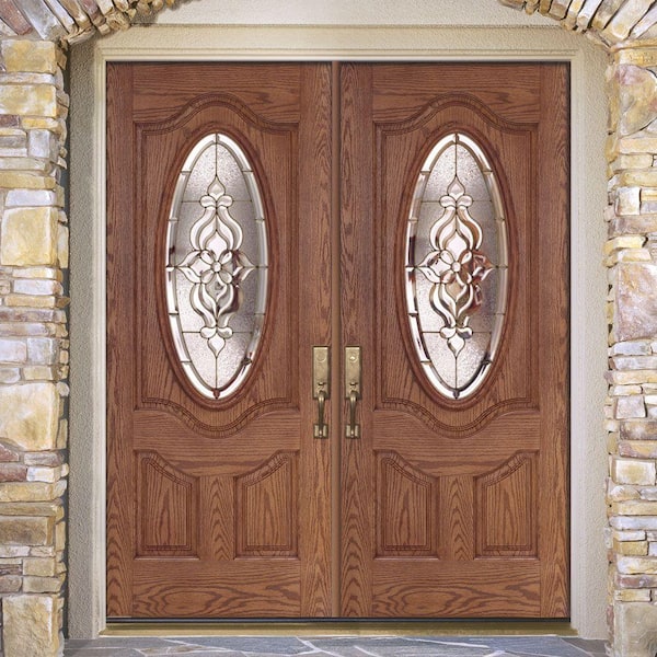 74 in. x 81.625 in. Lakewood Brass 3/4 Oval Lite Stained Medium Oak Left-Hand Fiberglass Double Prehung Front Door