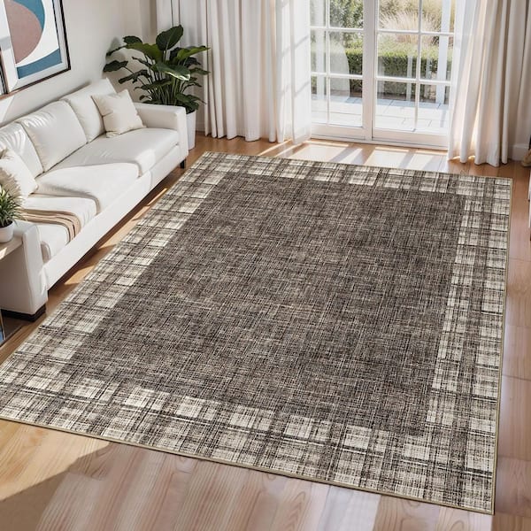 Brown 5 ft. x 7 ft. Non-Slip Border Print Rug Machine Washable Ultra Thin Soft for Bedroom Dining Room Office