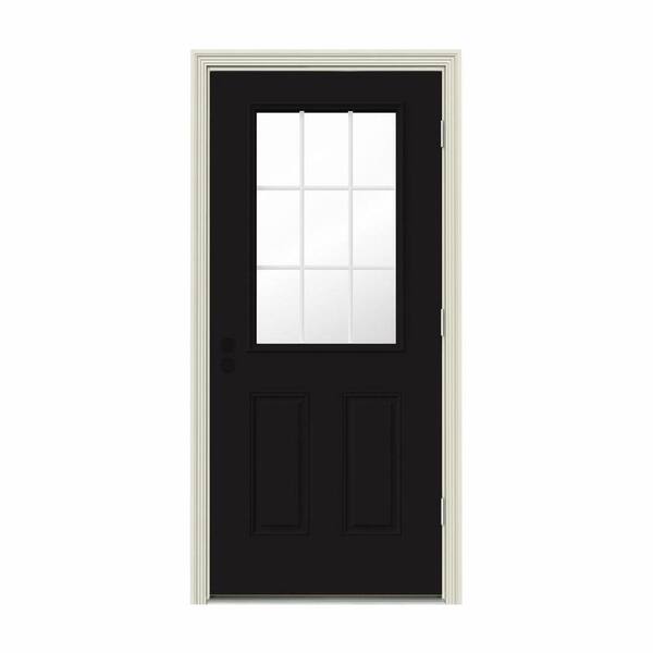 JELD-WEN 32 in. x 80 in. 9 Lite Black Painted w/ White Interior Steel Prehung Left-Hand Outswing Entry Door w/Brickmould