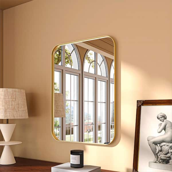 ORGANNICE 22 in. W x 30 in. H Rectangular Aluminum Framed Modern Gold Rounded Wall Mirror