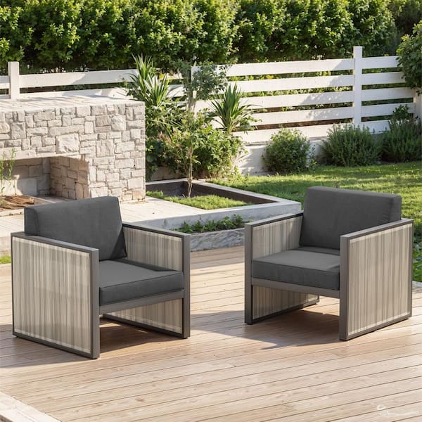 Square Tube Series 2-Pack Gray Wicker Outdoor Patio Lounge Chair with Cushion Guard Dark Gray Cushions