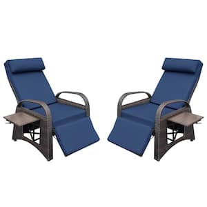 40.2 in. H PE Wicker Outdoor Recliner Adjustable Chair Removable Soft with Blue Cushions Ergonomic (Set of 2)