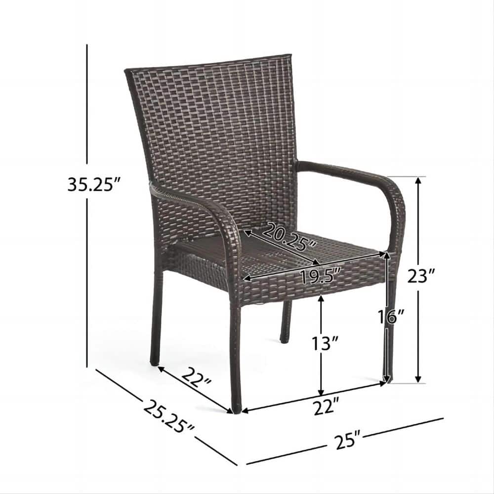 Diagram showing the dimensions of the brown rattan dining chair.