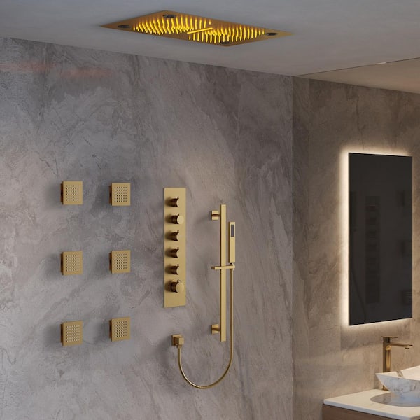 Aurora 28 in. Mood Light Speaker 6-Jet Shower System with Handheld, Thermostatic Valve in Brushed Gold